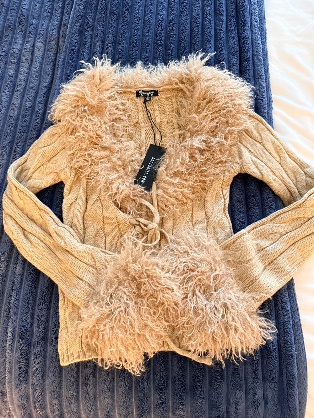 NWT Dolls kill Covet Cable-Knit Cardigan Sweater lace up front tie & fur trim